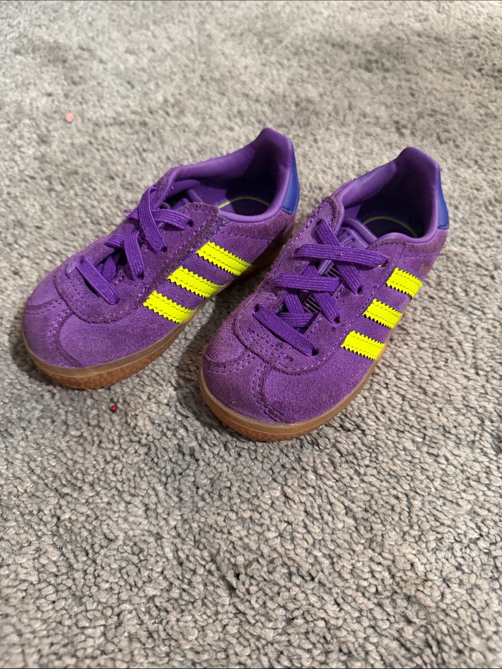 adidas Originals Purple Suede Kids Sneakers with Yellow Stripes